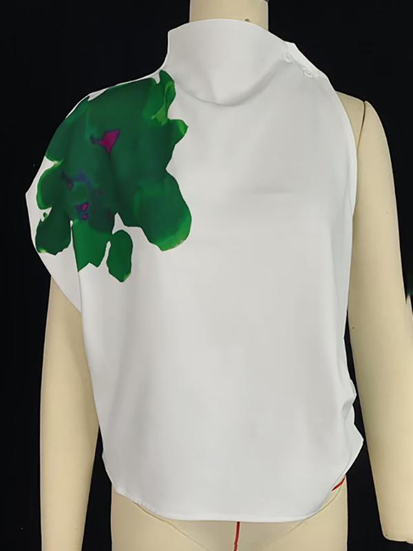 Loose Sleeveless Asymmetric Flower Print Mock Neck Vest Top Product Image