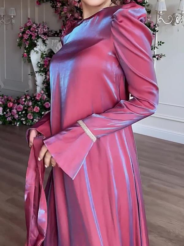 A-Line Long Sleeves Pleated Solid Color Tied Waist Zipper Round-Neck Maxi Dresses Product Image