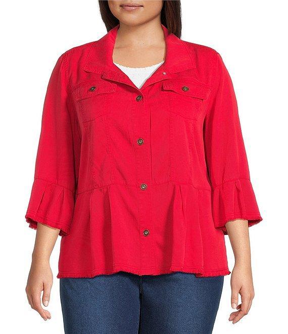 Multiples Plus Size Solid Lyocell Point Collar 3/4 Flounce Sleeve Button Front Peplum Jacket Product Image