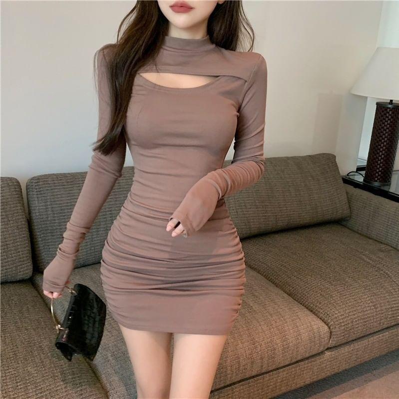 Long Sleeve Mock Neck Plain Cutout Bodycon Mini Dress Product Image