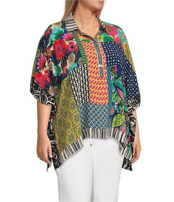 John Mark Plus Size Woven Multi Patch Print Collared Short Sleeve Tunic Product Image