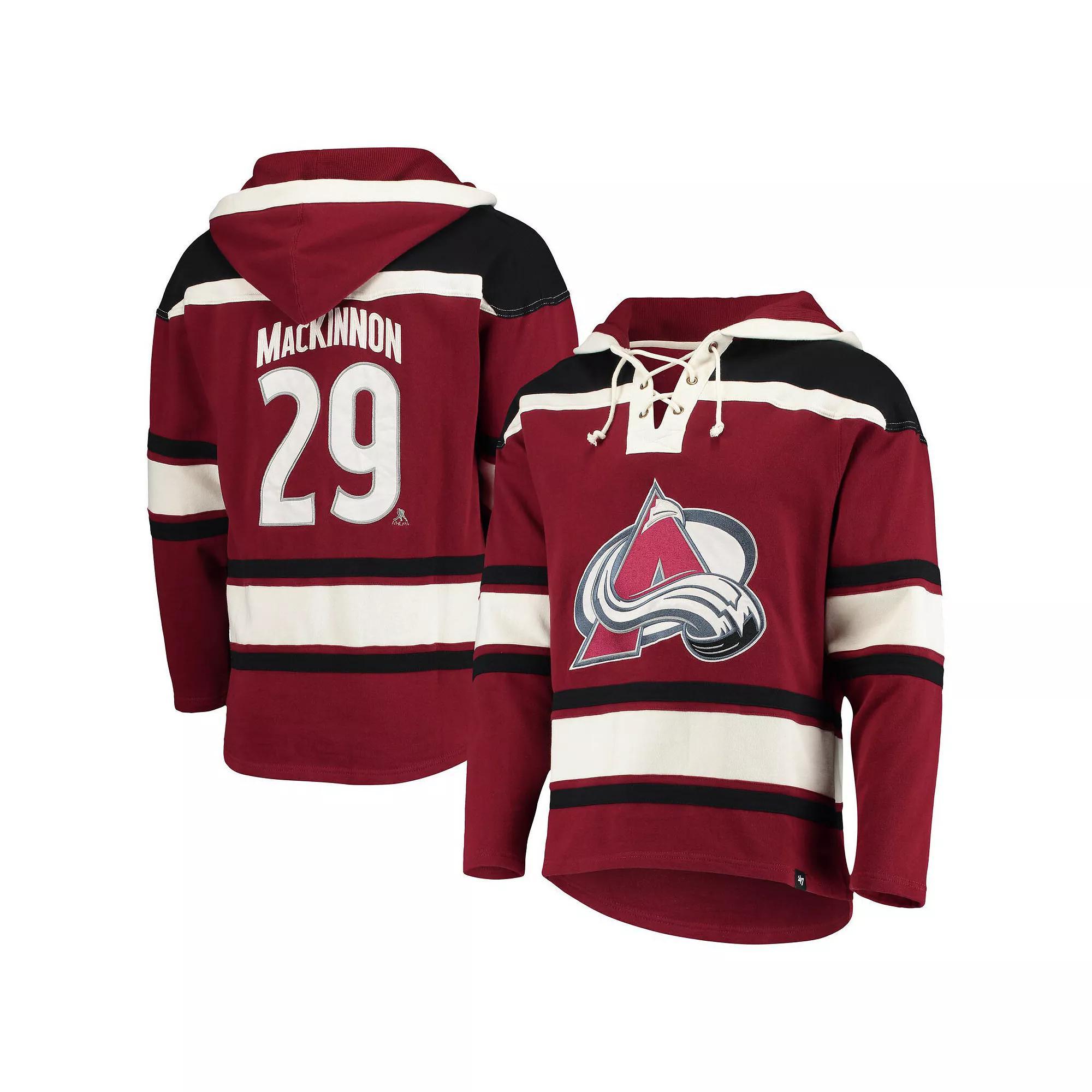 Men's '47 Nathan MacKinnon Burgundy Colorado Avalanche Player Name & Number Lacer Pullover Hoodie,  Product Image