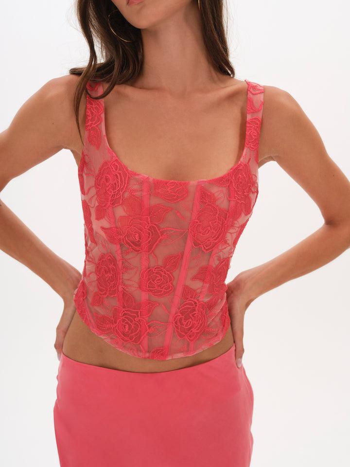 Embroidered Roses Corset Top — Red Product Image