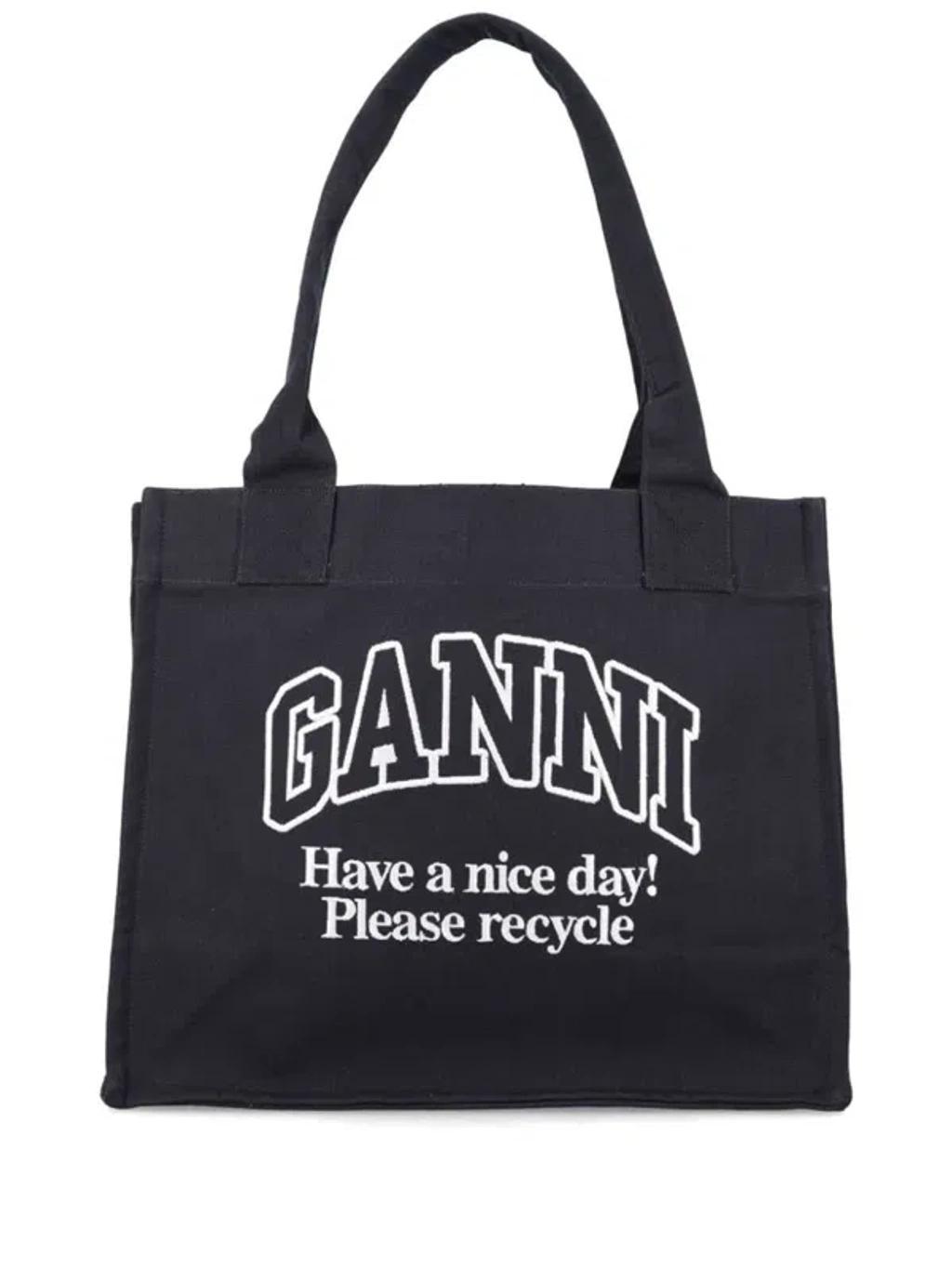 GANNI Black Shopper With Embroidered Logo On The Front In Denim Woman In Multicolor Product Image