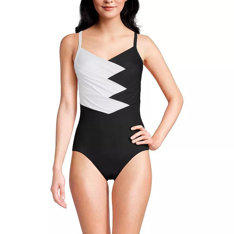 Womens Lands End Slendertex V-Neck Pleated Crossback One-Piece Swimsuit Rich Brown Product Image