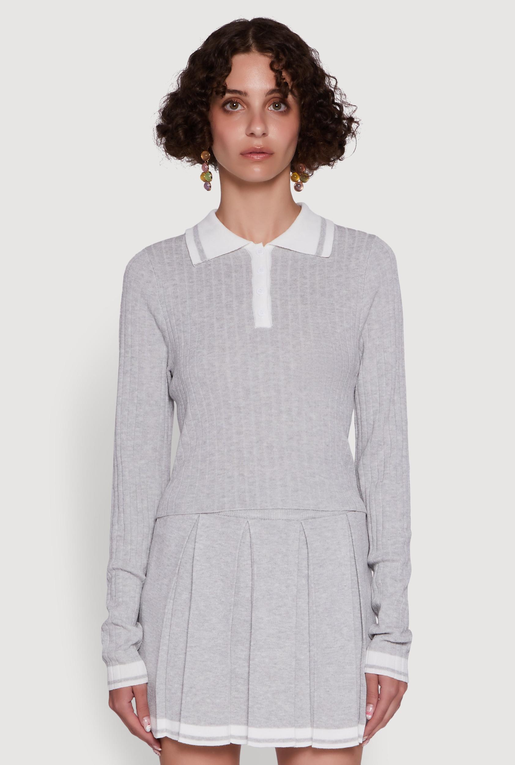 Womens Daisy Ribbed Knit Varsity Stripe Polo Top Product Image