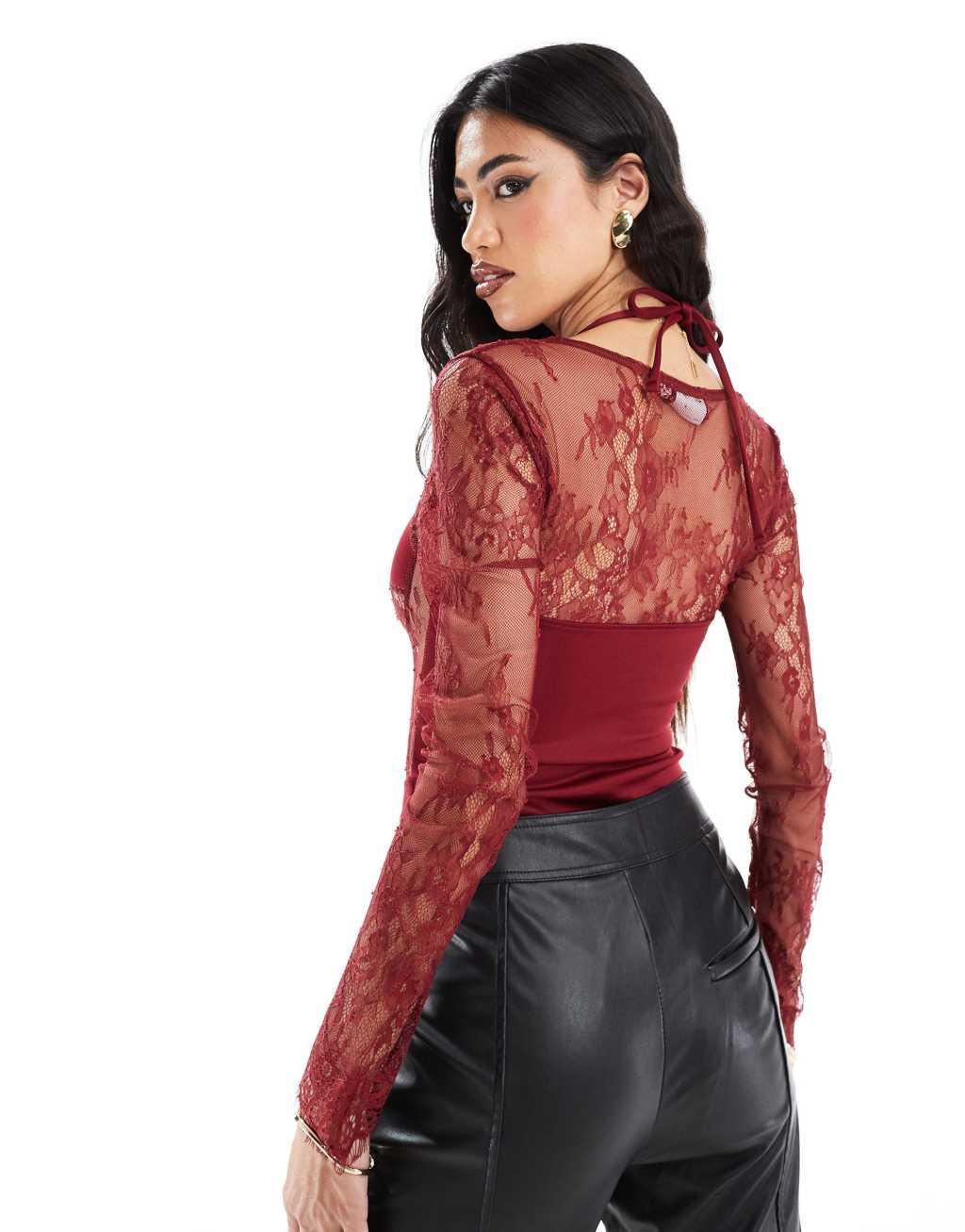 ASOS DESIGN lace insert corset bodysuit with shrug detail in burgundy Product Image