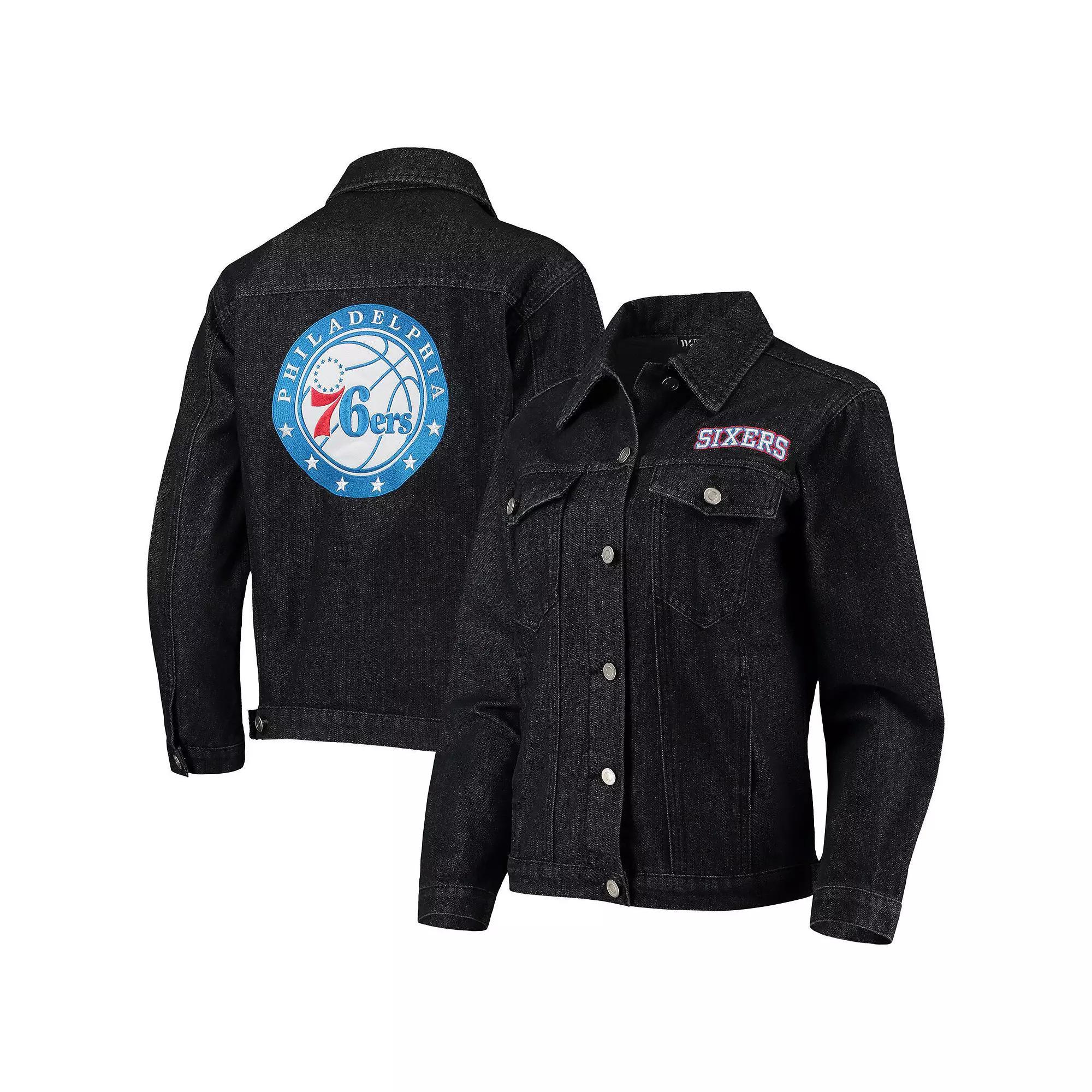Women's The Wild Collective Black Philadelphia 76ers Patch Denim Button-Up Jacket, Size: Small, 76r Black Product Image