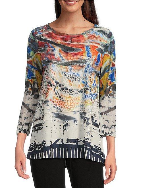 Ali Miles Burnout Knit Abstract Print Round Neck 3/4 Sleeve Tunic Product Image