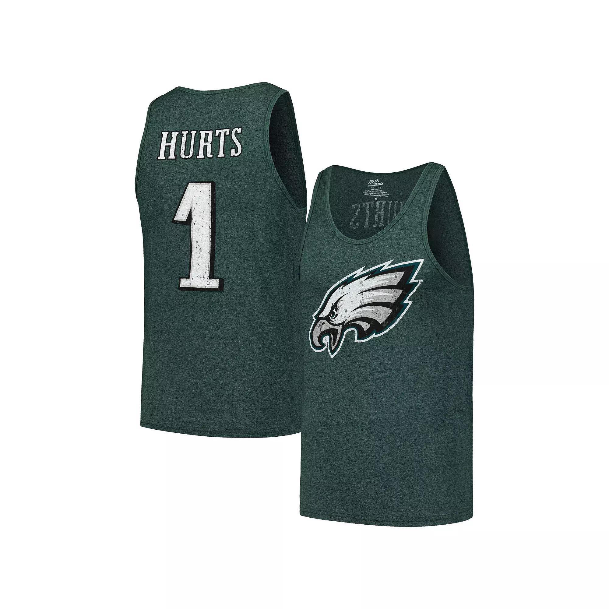 Men's Majestic Threads Jalen Hurts Midnight Green Philadelphia Eagles Player Name & Number Tri-Blend Tank Top,  Product Image