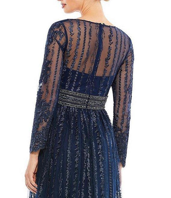 Mac Duggal Mesh Deep V-Neck Sheer Long Sleeve Beaded Belt Sequin Gown Product Image