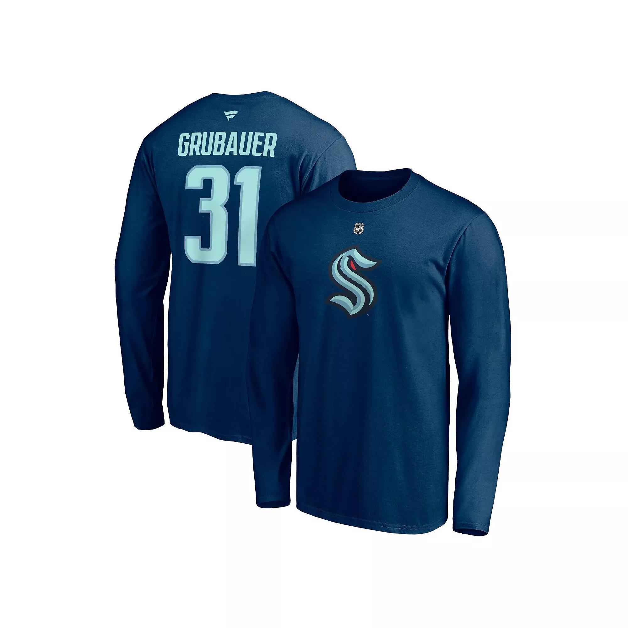 Men's Fanatics Branded Philipp Grubauer Deep Sea Blue Seattle Kraken Authentic Stack Name & Number Long Sleeve T-Shirt,  Product Image