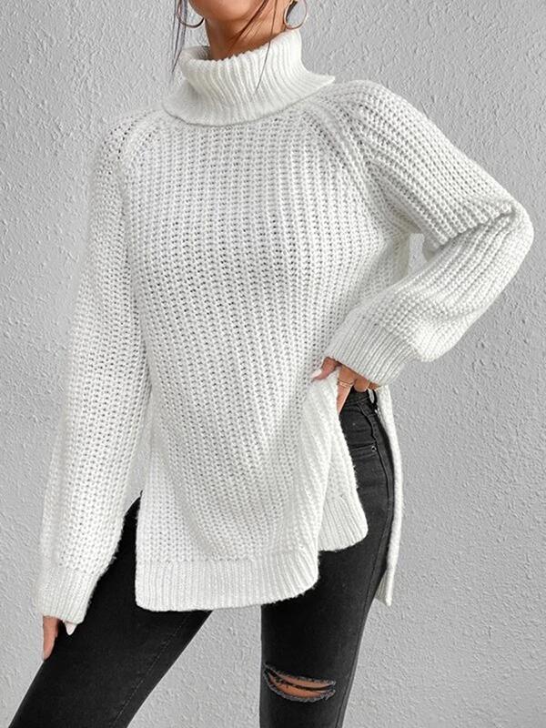 Long Sleeves Loose Solid Color Split-Side High Neck Pullovers Sweater Tops Product Image