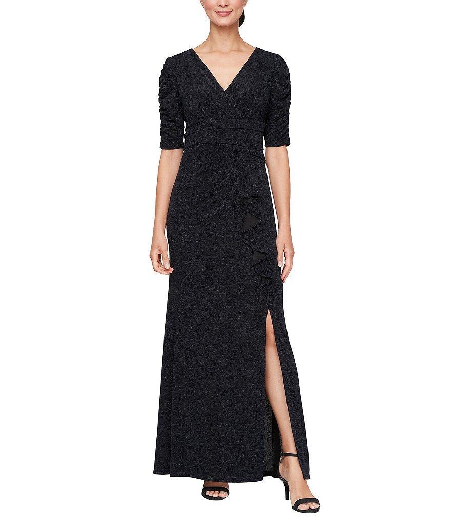 Ignite Evenings V-Neck Ruched 3/4 Sleeve Cascade Ruffle Skirt Metallic Knit Sheath Gown Product Image