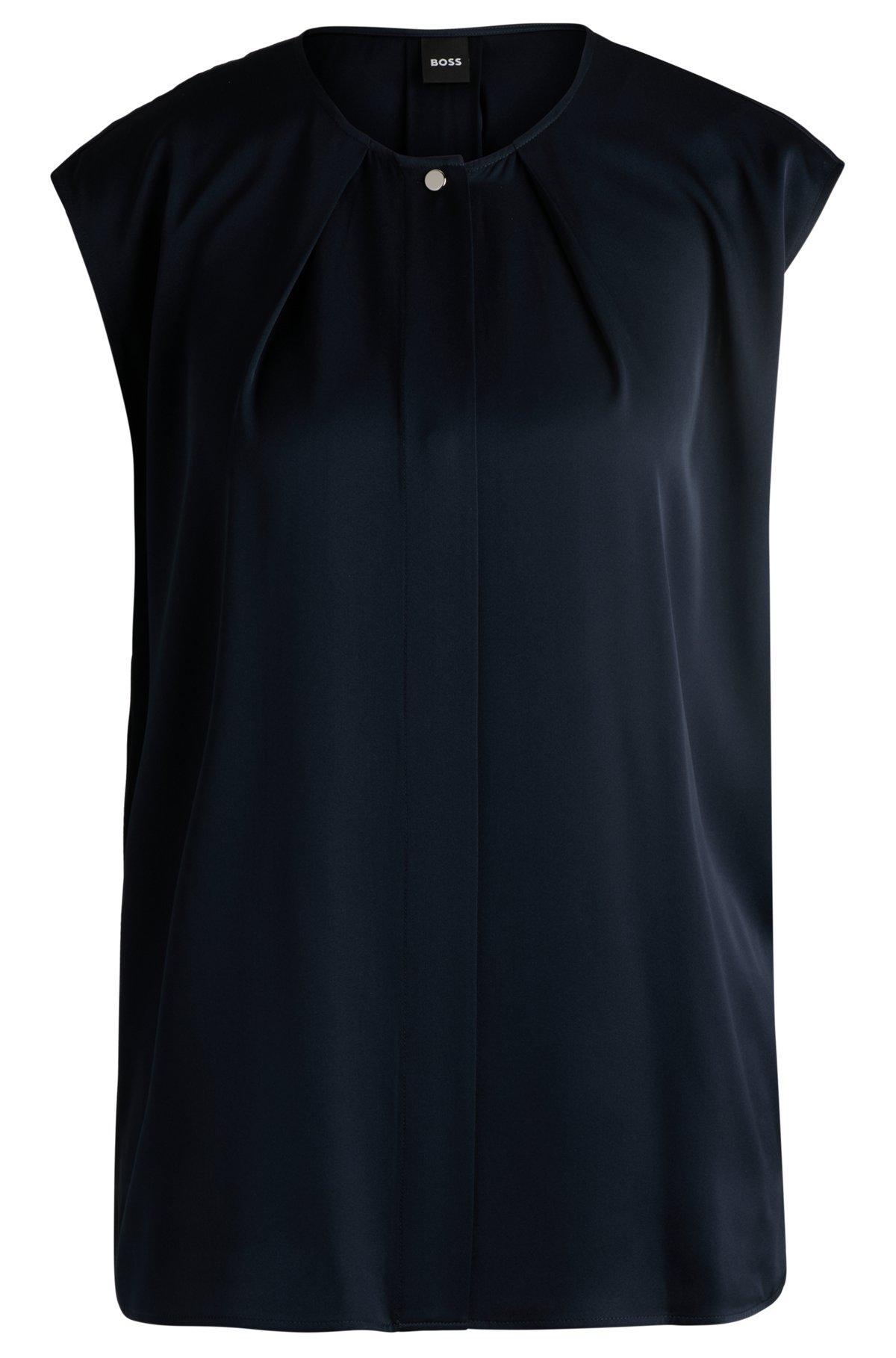 BOSS - Fitted sleeveless blouse in stretch silk with concealed placket - Black Product Image