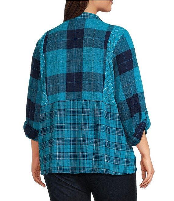 Ali Miles Woven Plaid Multi Print Point Collar 3/4 Roll-Tab Sleeve Button-Front Tunic Product Image