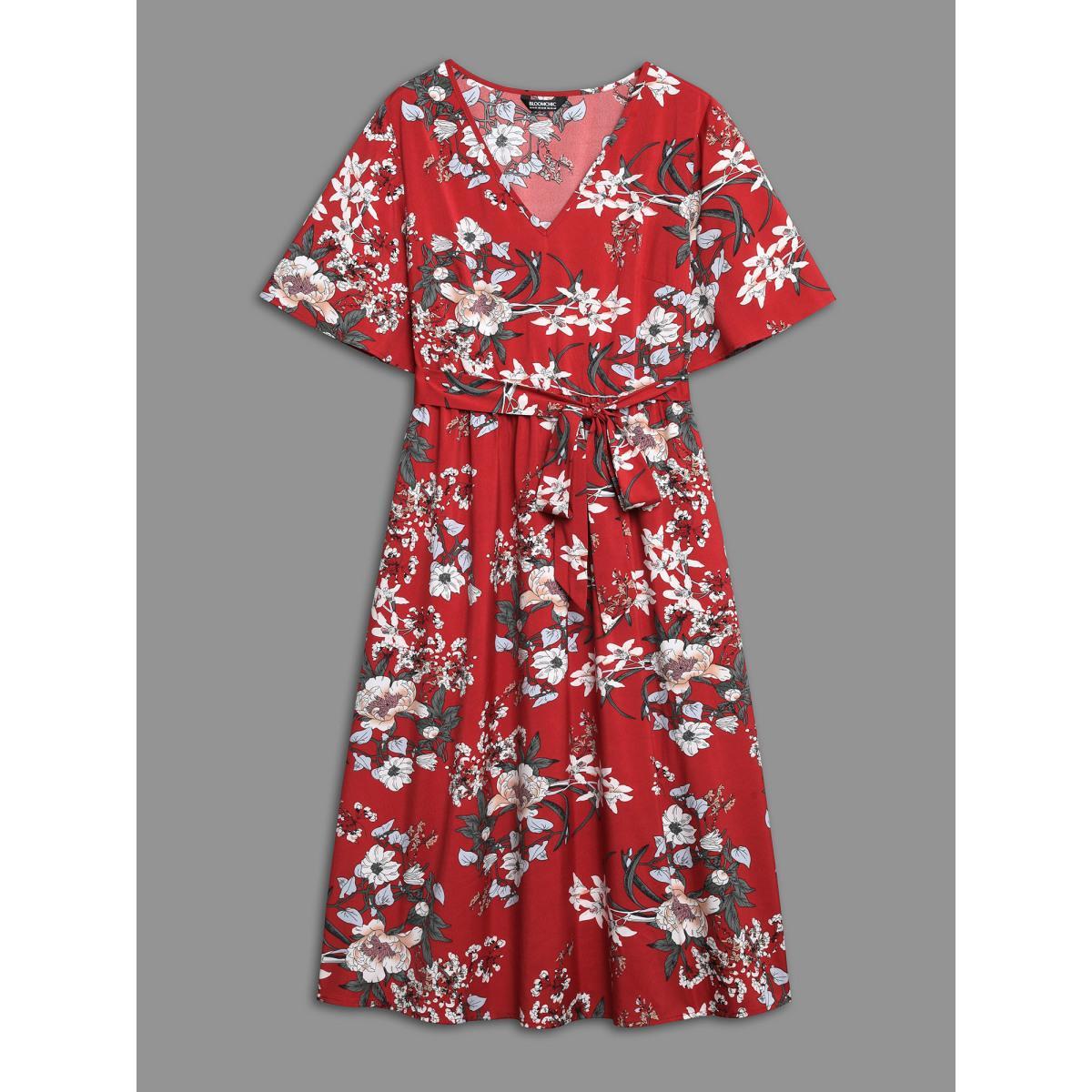 Plus Size Floral Print Waist-Tie V-Neck Midi Dress Scarlet Women Elegant Belted V-neck Half Sleeve Curvy BloomChic 26/4X Product Image