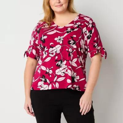 Liz Claiborne Plus Womens V Neck Short Sleeve Blouse Product Image