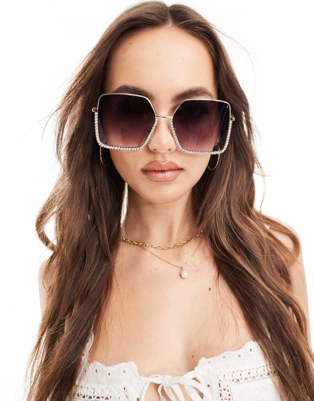 AJ Morgan oversized festival square rhinestone sunglasses in gold Product Image