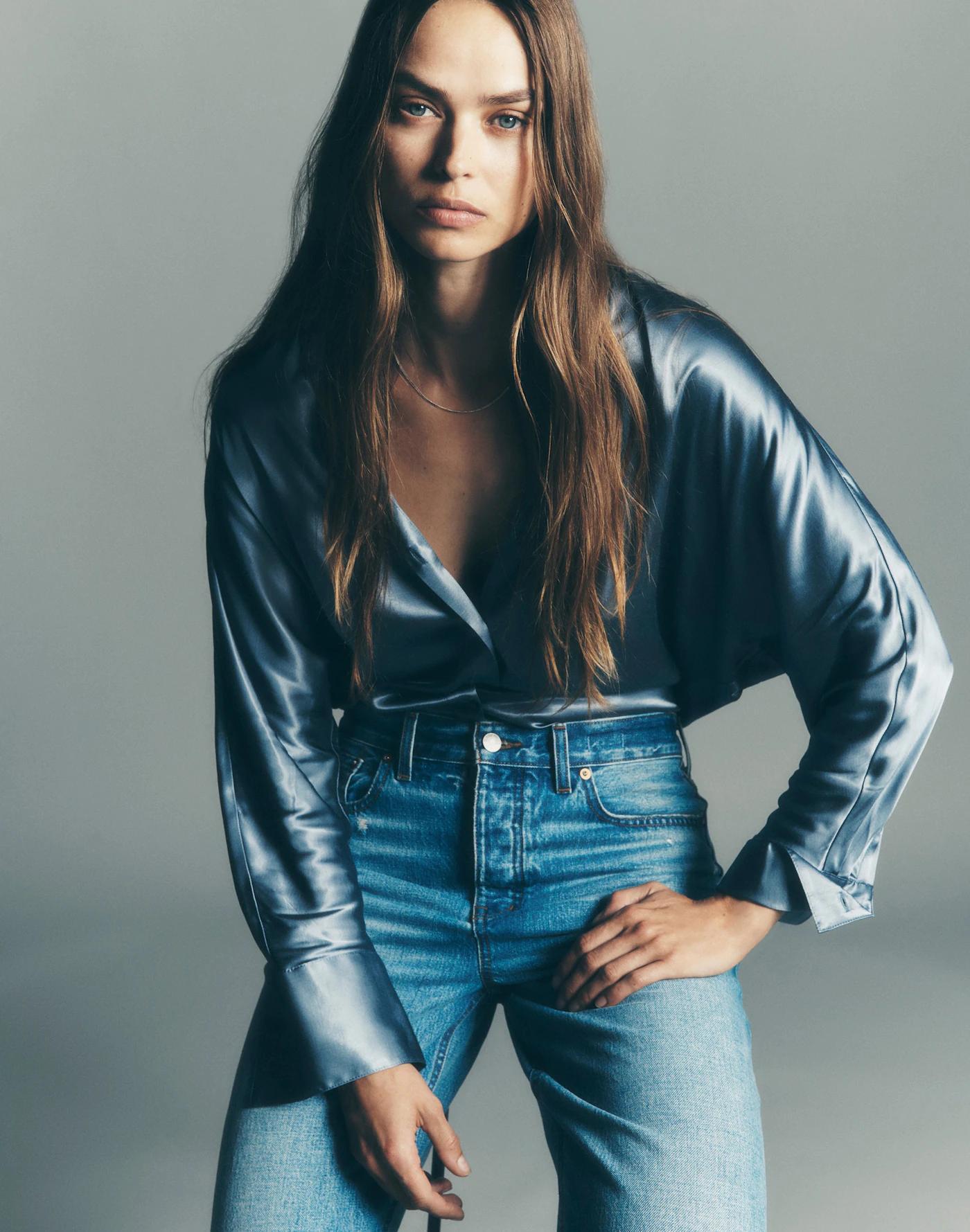 Relaxed Dolman Button-Up Shirt in Satin Product Image