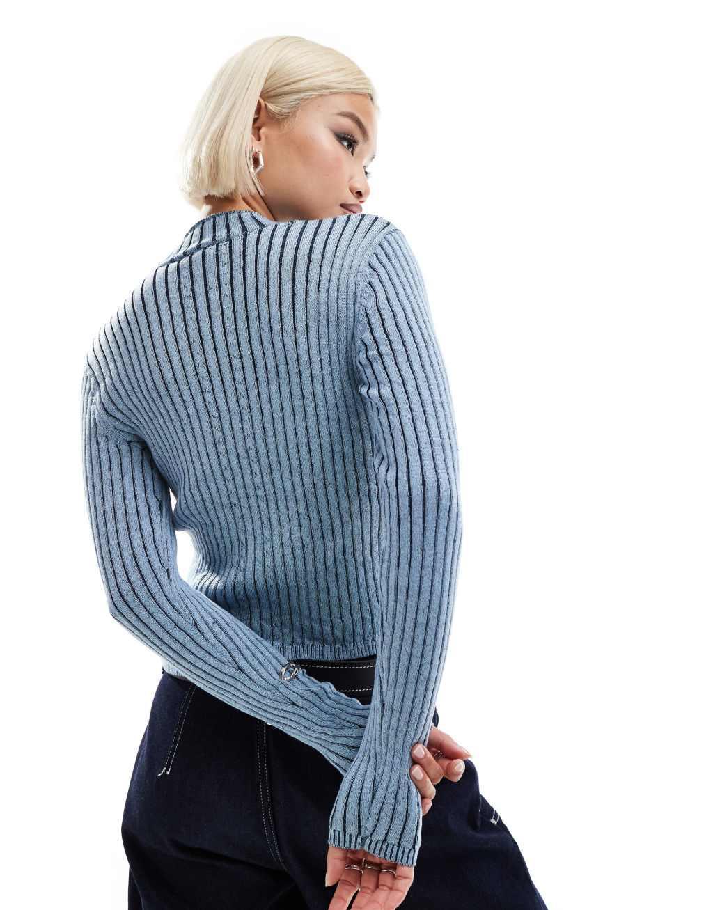 Monki long sleeve knitted two tone top in blue and navy Product Image