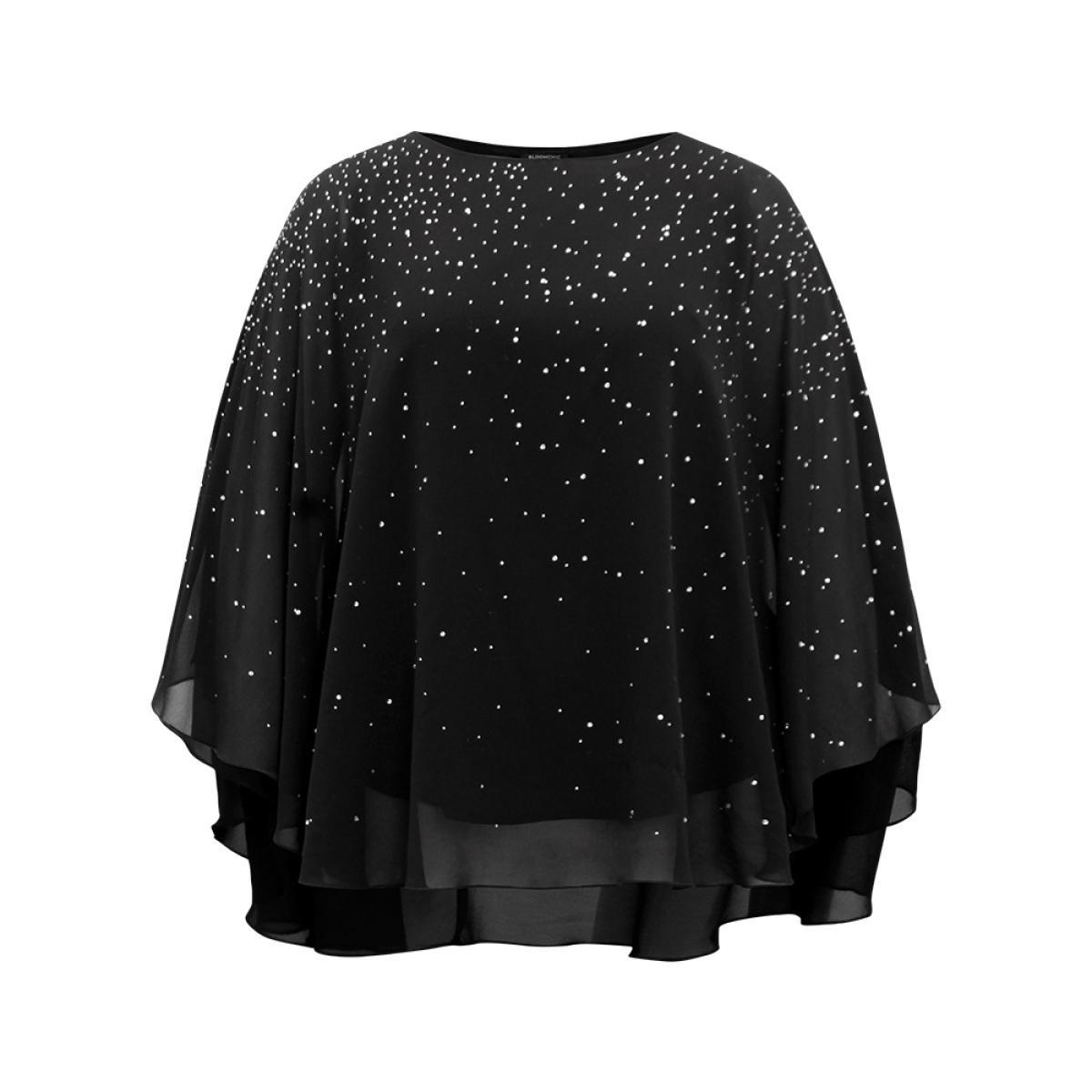 Plus Size Black Chiffon Rhinestone Split Dolman Sleeve Blouse Women Cocktail Elbow-length sleeve Round Neck Party Blouses BloomChic 18-20/2X Product Image