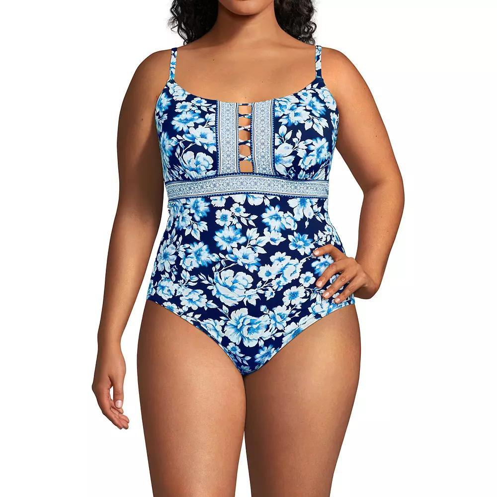 Plus Size Lands' End Lace-Up Front One-Piece Swimsuit, Women's, Size: 20 W, White Stripe Product Image