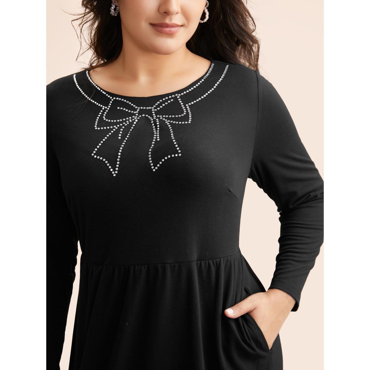 Plus Size Round Neck Bowknot Rhinestone Dress Black Women Playful Rhinestone detailing Round Neck Long Sleeve Curvy BloomChic 30/6X Product Image