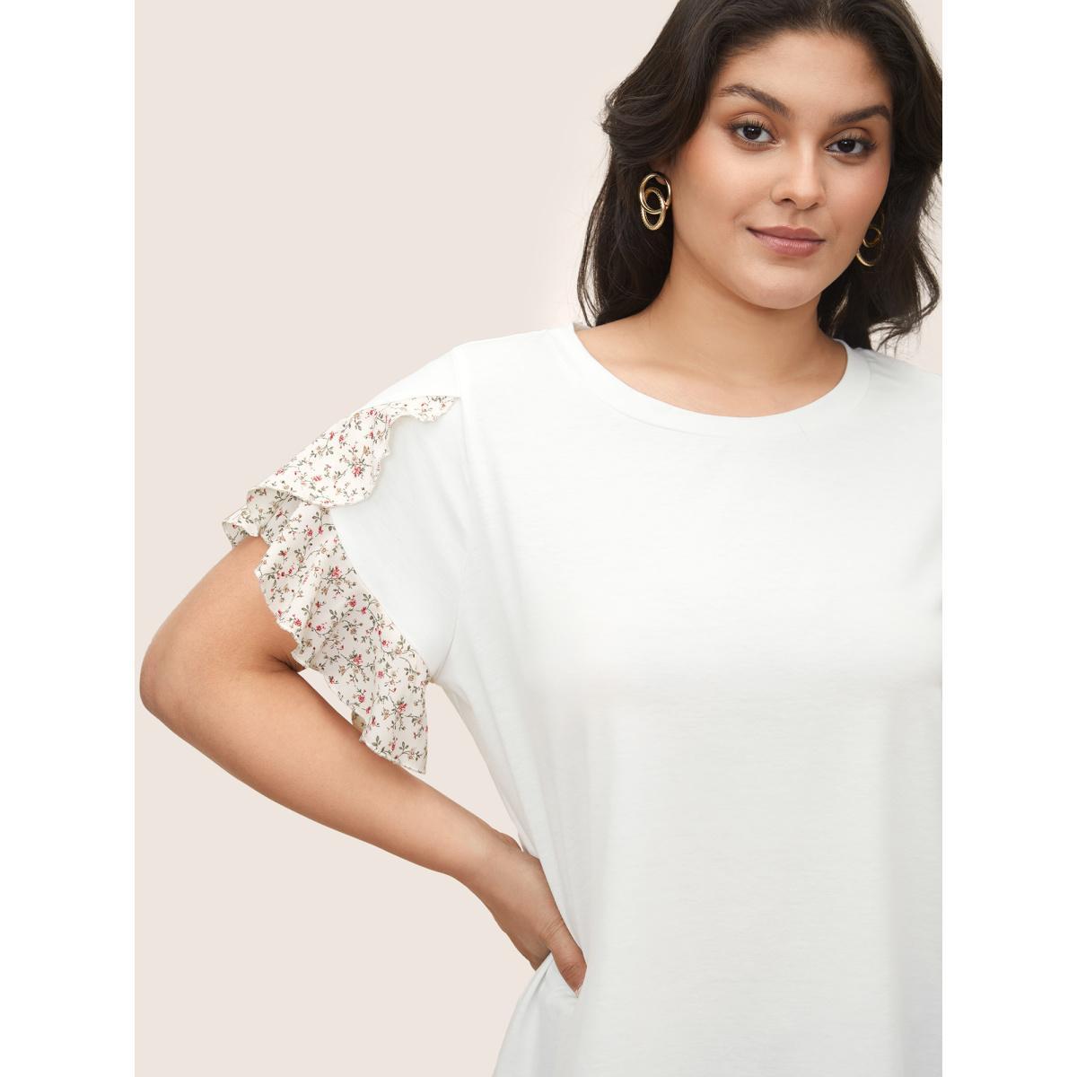 Plus Size Ditsy Floral Patchwork Petal Sleeve T-shirt White Women Elegant Patchwork Round Neck Everyday T-shirts BloomChic 14-16/1X Product Image