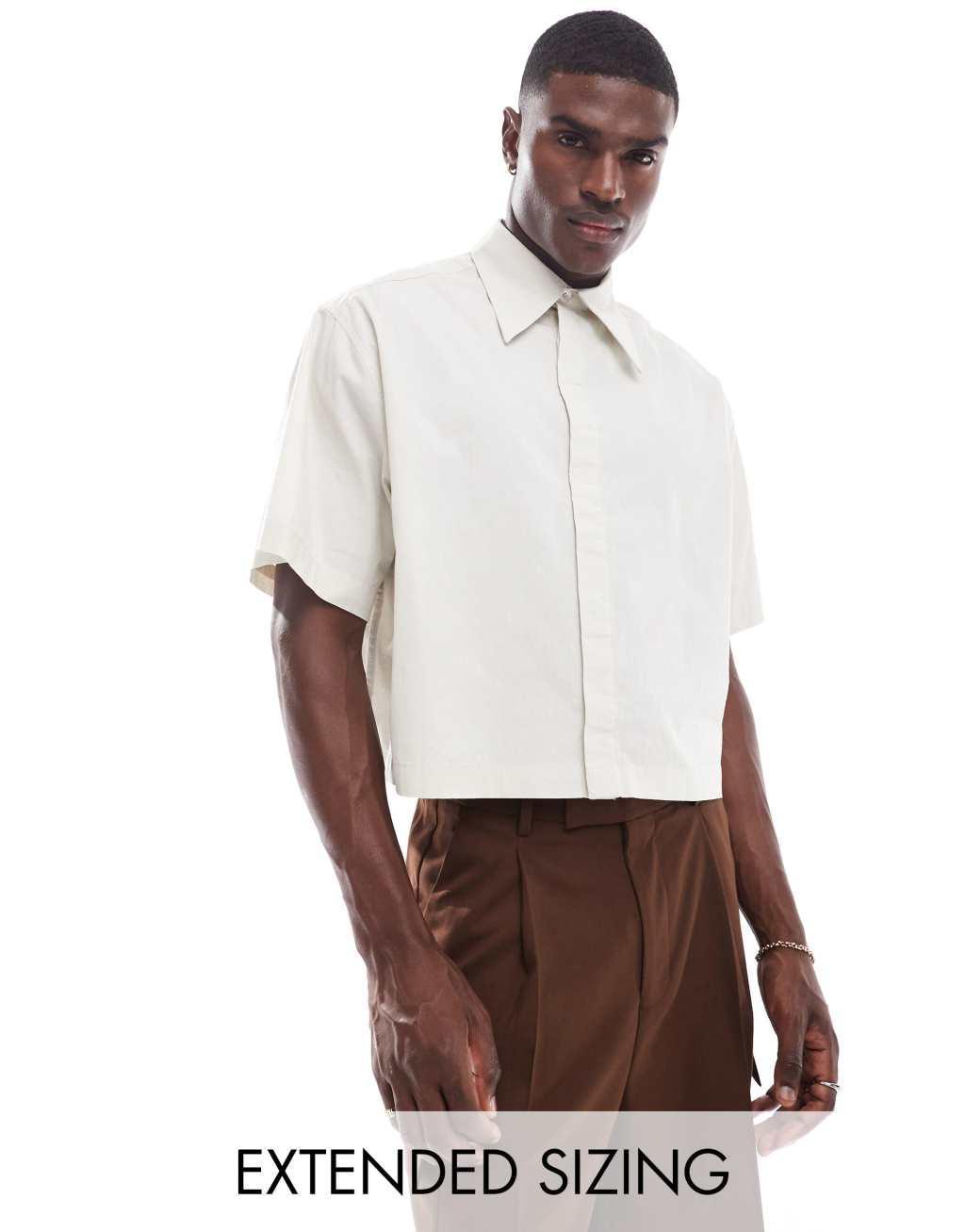 ASOS DESIGN boxy cropped 70s collar poplin shirt in stone  Product Image