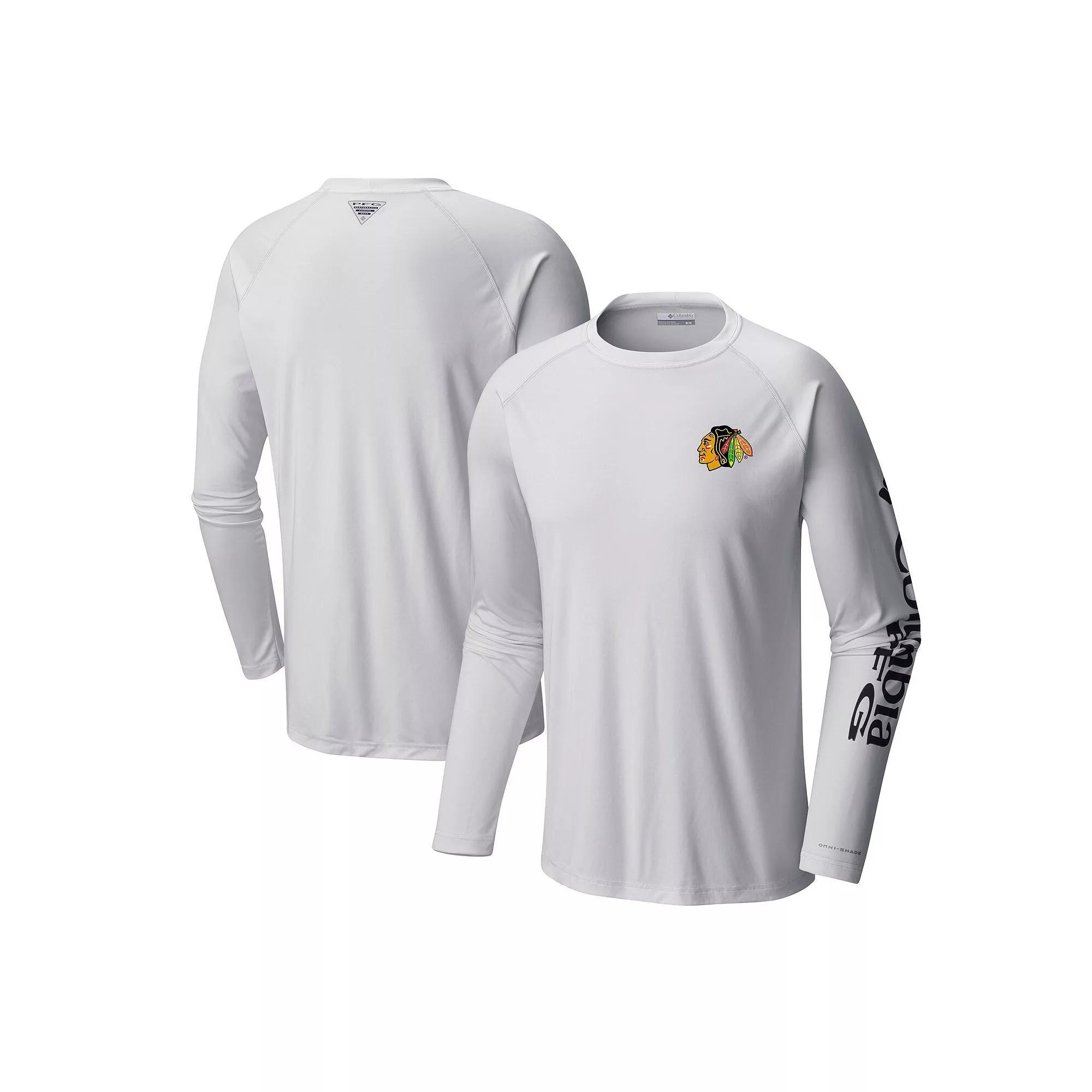 Men's Columbia White Chicago Blackhawks Terminal Tackle Omni-Shade Raglan Long Sleeve T-Shirt,  Product Image