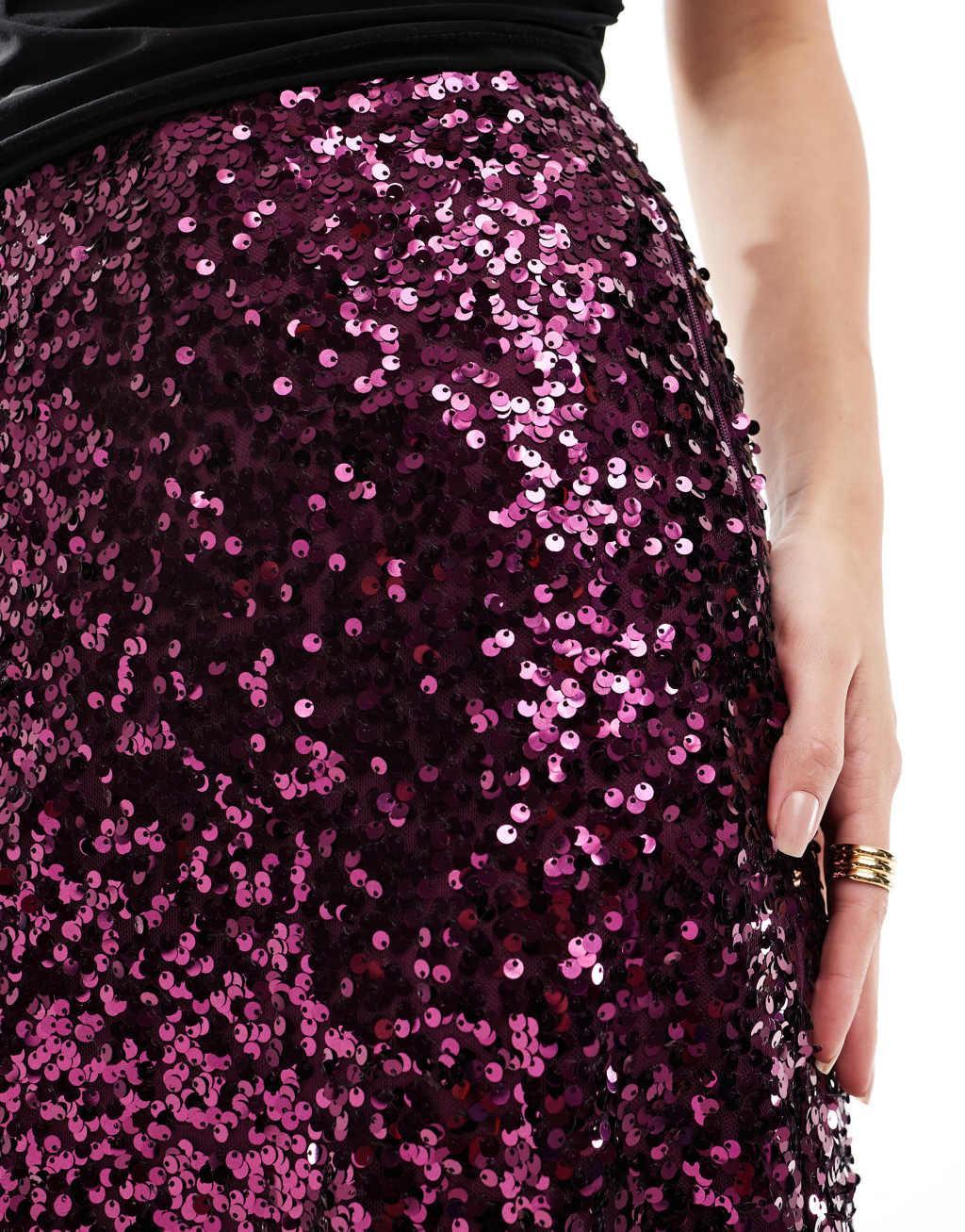 ASOS DESIGN sequin maxi skirt in burgundy Product Image