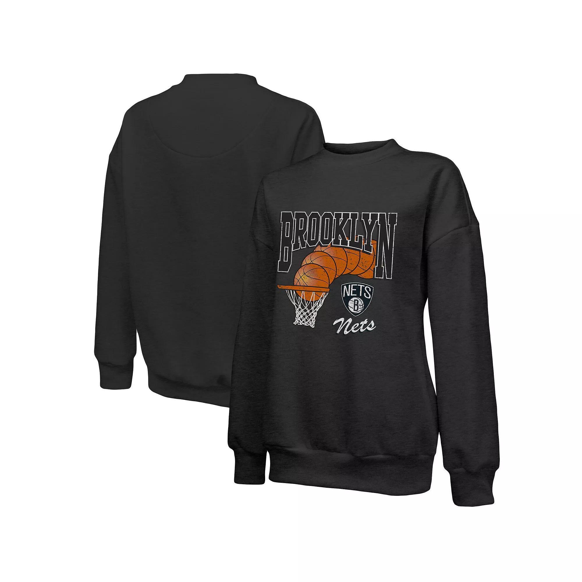 Women's Majestic Threads Black Brooklyn Nets Bank Shot Pullover Tri-Blend Sweatshirt,  Product Image