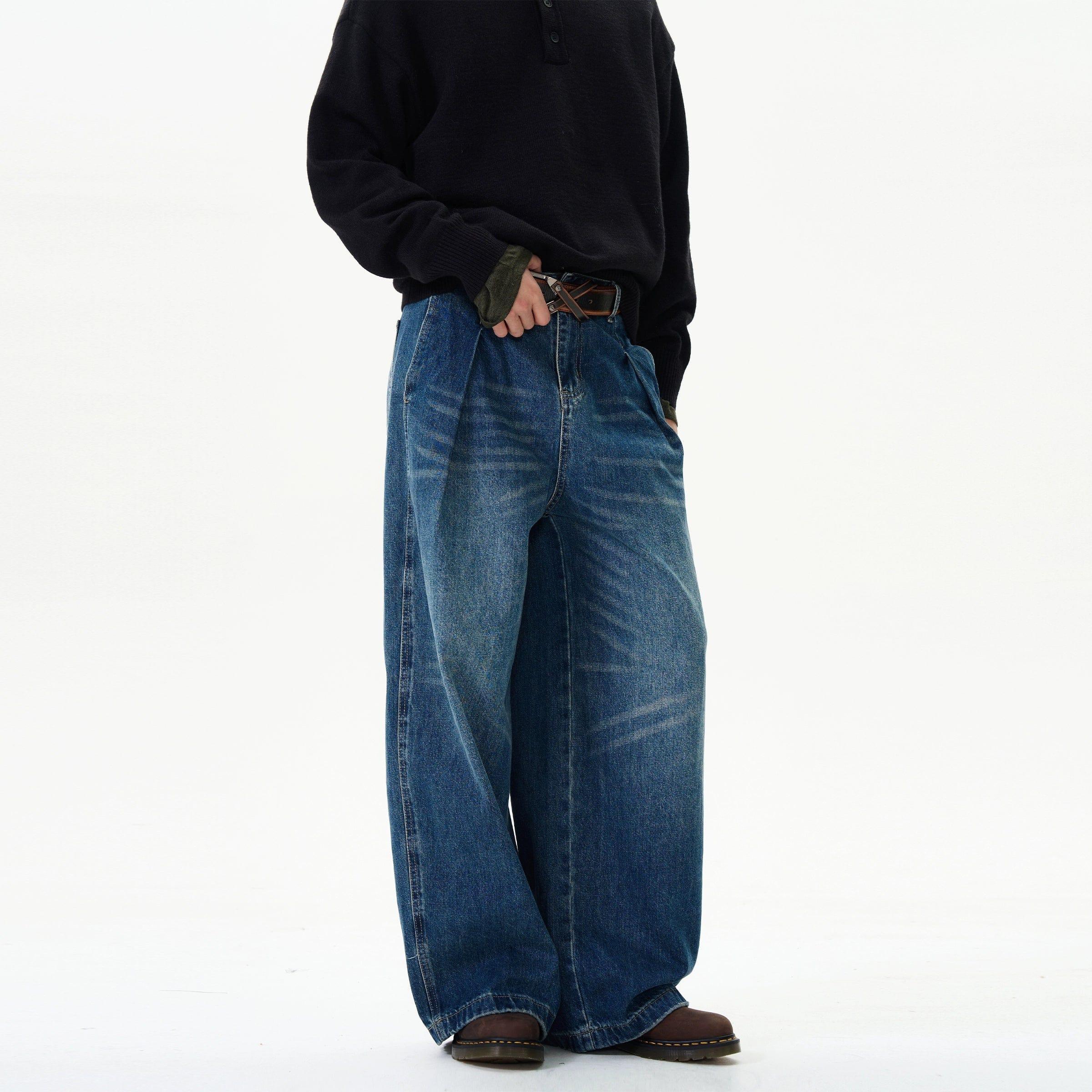 RT No. 12079 PLEATED FOLDED BLUE BAGGY STRAIGHT JEANS Product Image