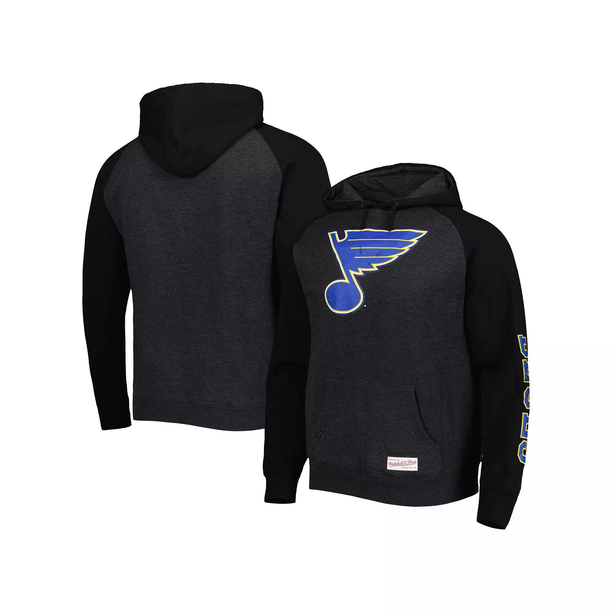 Men's Mitchell & Ness Heather Black St. Louis Blues Distressed Logo Raglan Pullover Hoodie,  Product Image