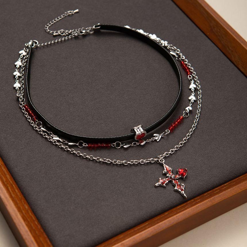 Cross Rhinestone Pendant Layered Alloy Choker Product Image