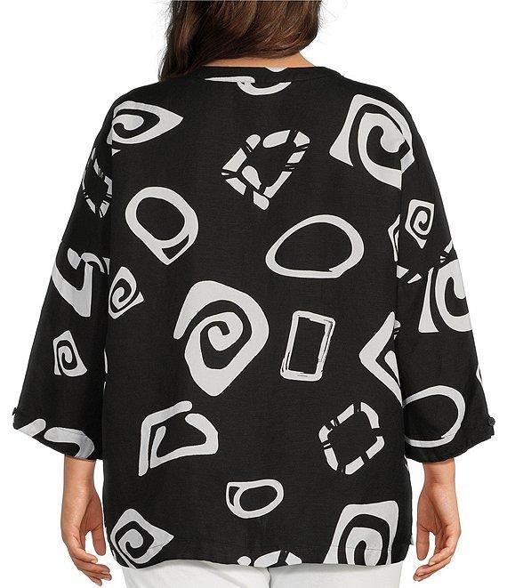 Ali Miles Plus Size Woven Abstract Print Stand Collar 3/4 Sleeve Button Front Tunic Product Image