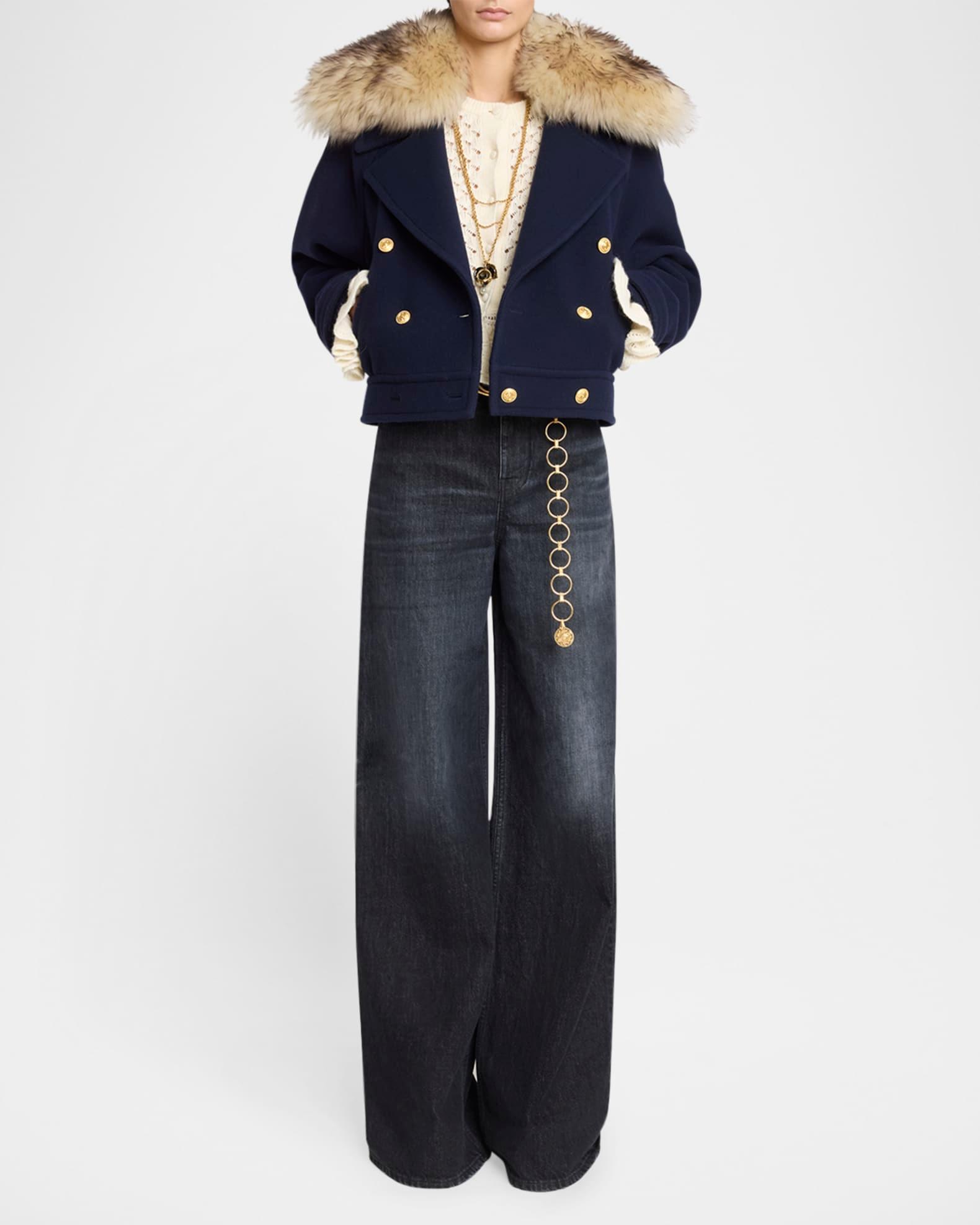 Faux-Fur Collar Double-Breasted Wool Bomber Jacket Product Image