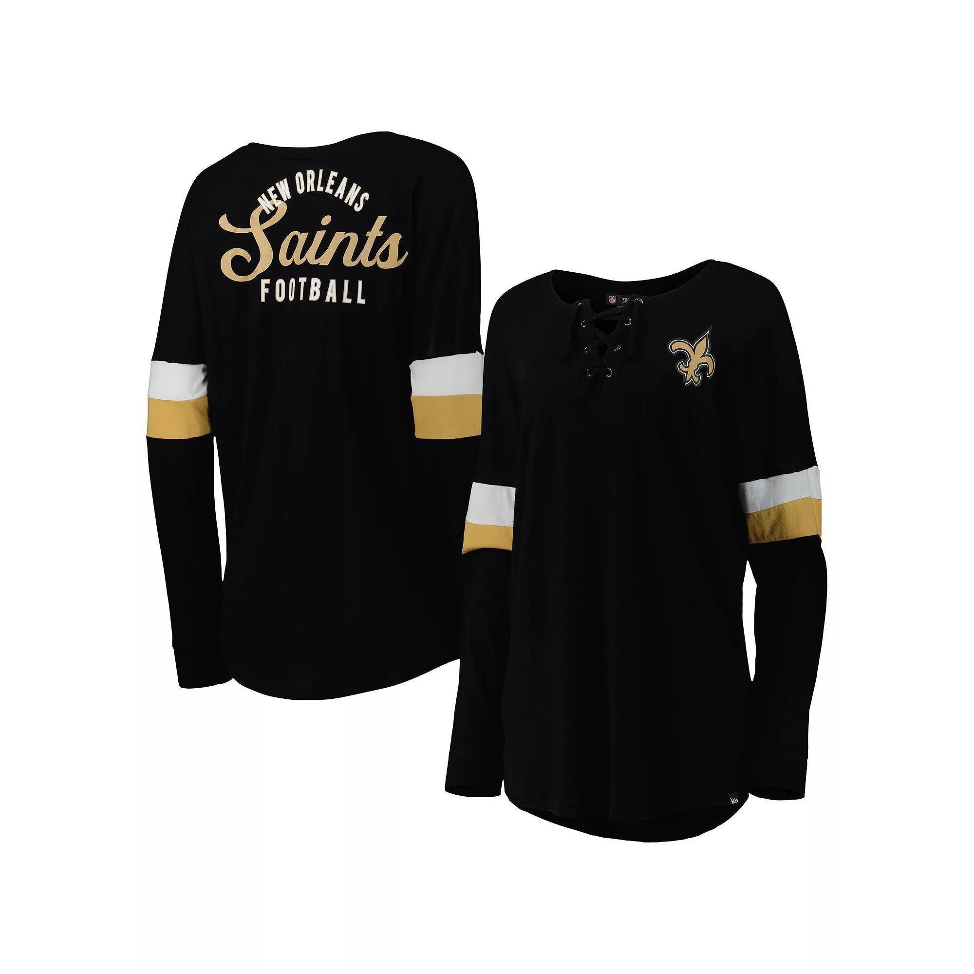Women's New Era Black New Orleans Saints Athletic Varsity Lightweight Lace-Up Long Sleeve T-Shirt,  Product Image