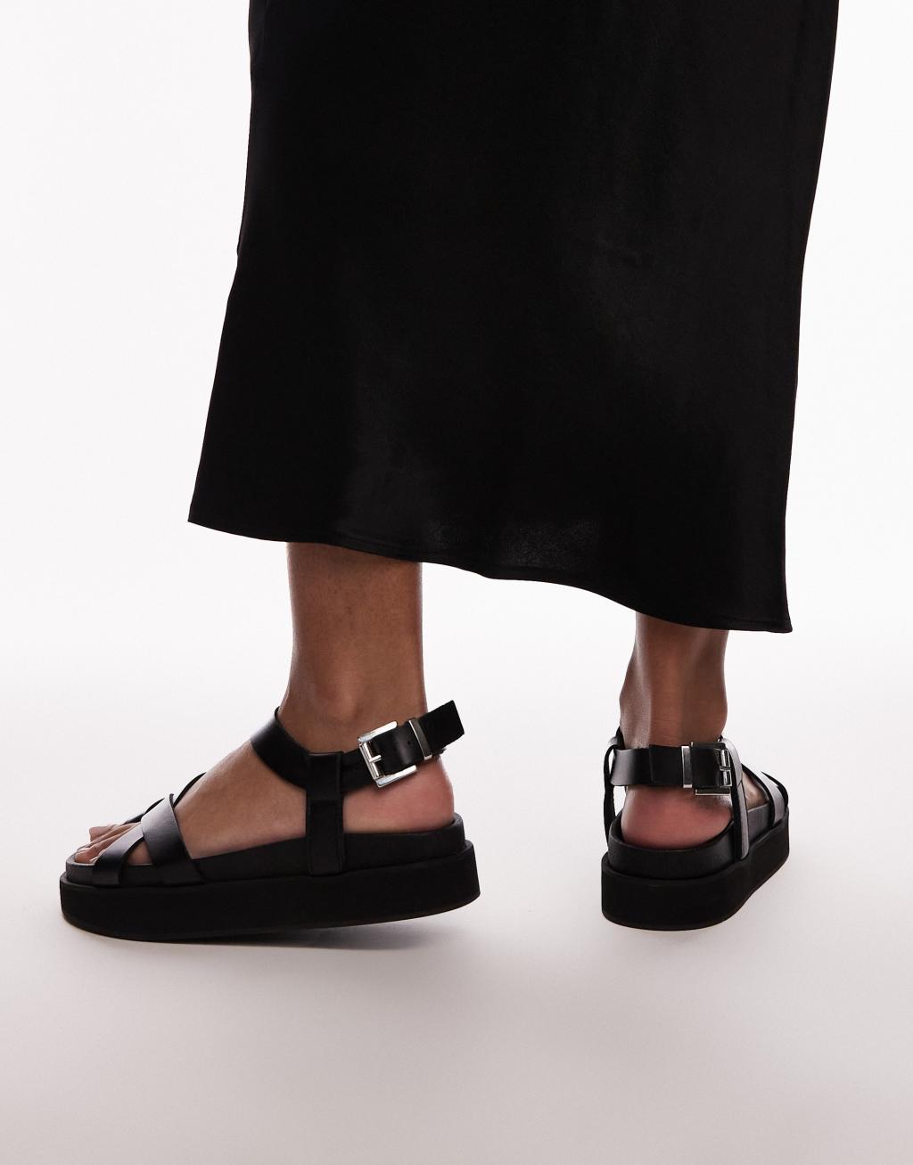 Topshop Jaya premium leather toe loop strappy sandals in black Product Image