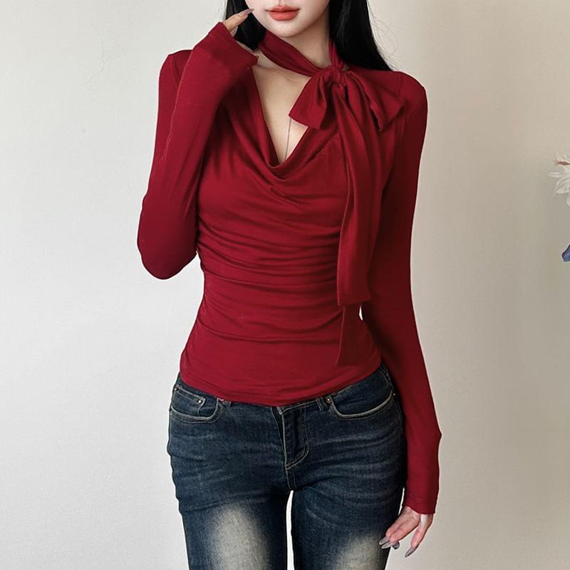 Long Sleeve Cowl Neck Plain Top Product Image