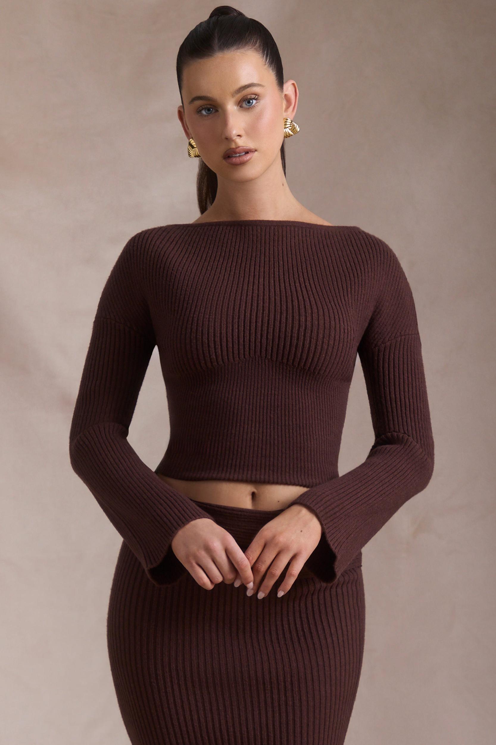 Ribbed-Knit Slash-Neck Top in Espresso Product Image