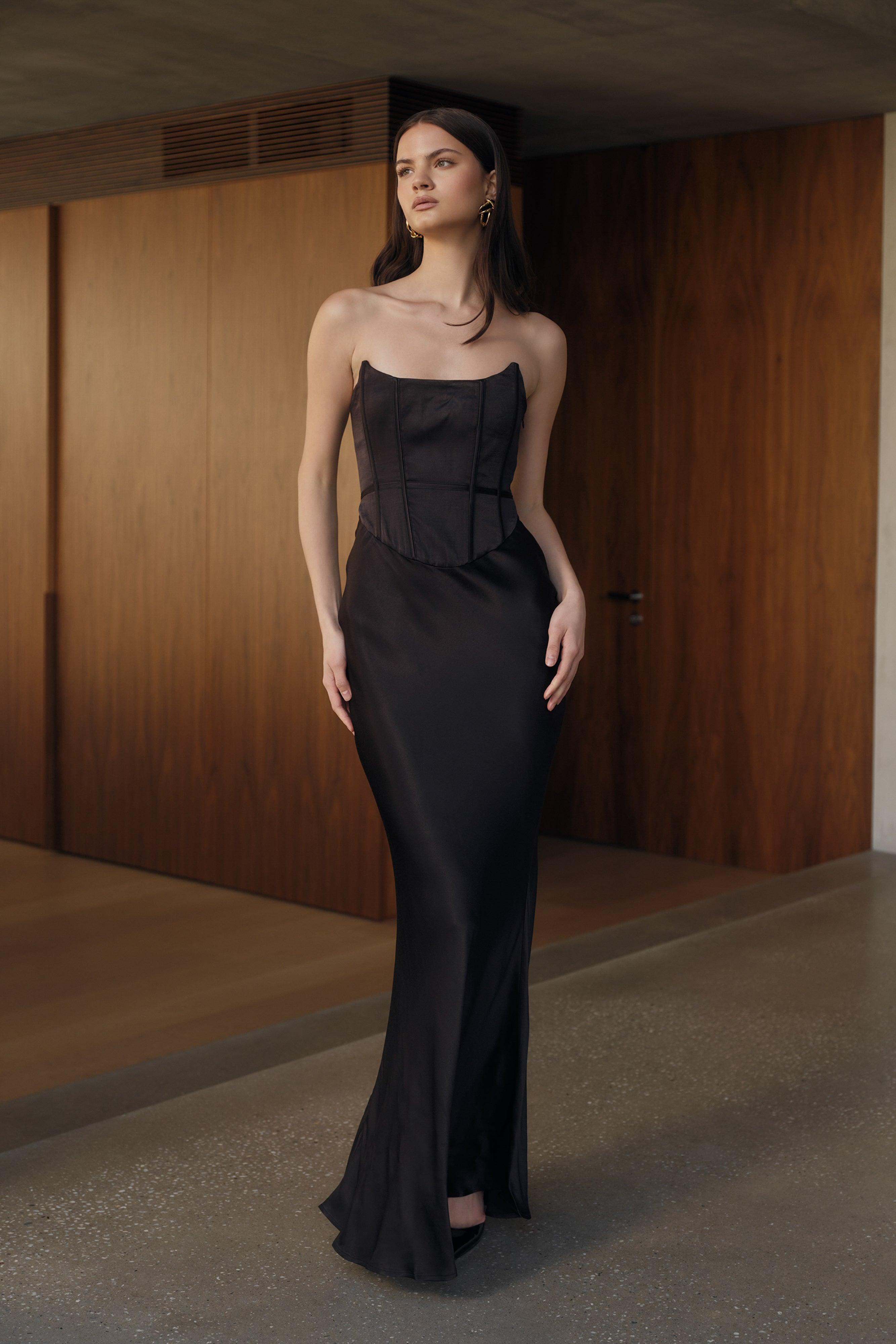 Harlow Satin Strapless Maxi Dress - Black Product Image