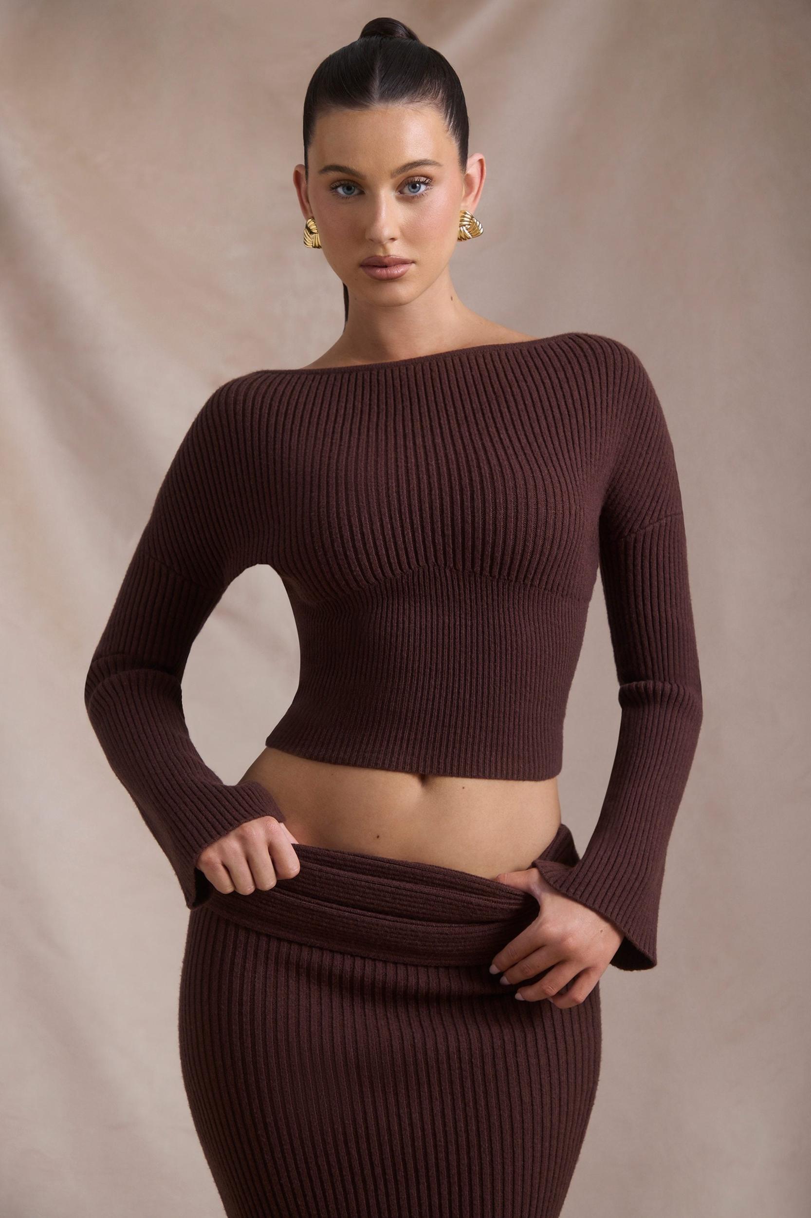 Ribbed-Knit Slash-Neck Top in Espresso Product Image