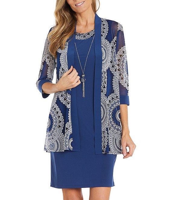 R & M Richards 3/4 Sleeve Crew Neck Printed 2-Piece Jacket Dress Product Image