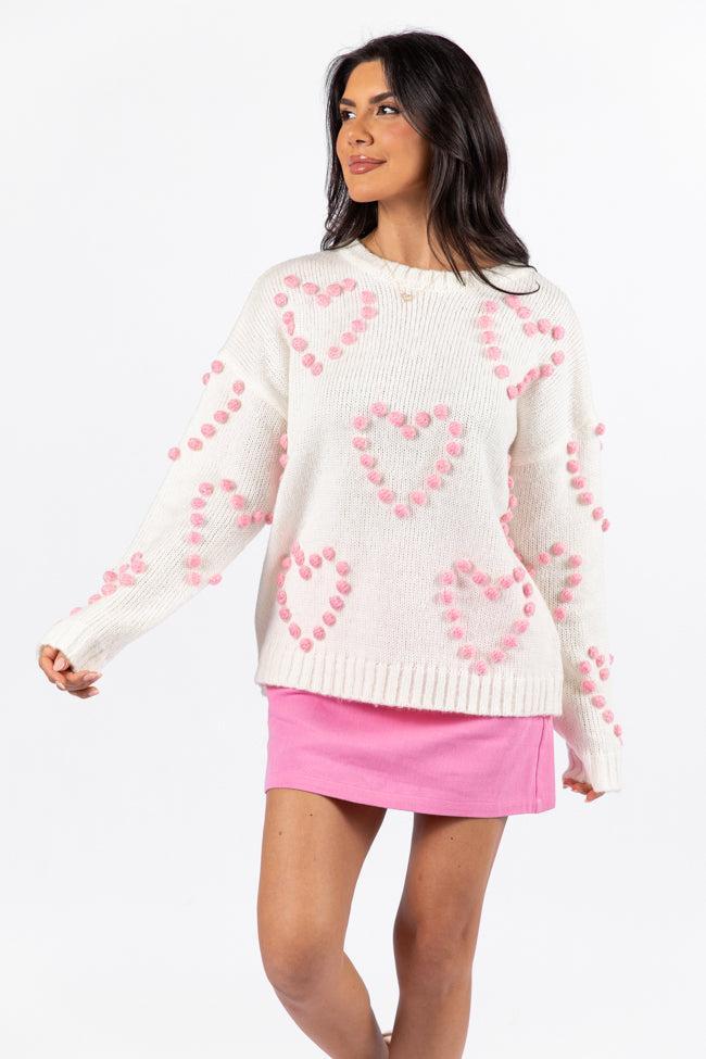 Adore You Ivory and Pink Oversized Heart Pom Sweater - Coming Soon Product Image