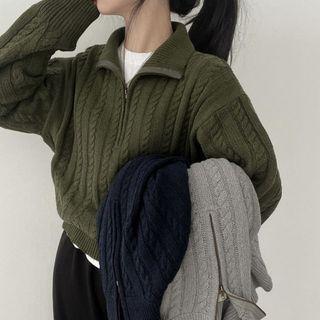 Half Zip Cable Knit Cropped Sweater Product Image