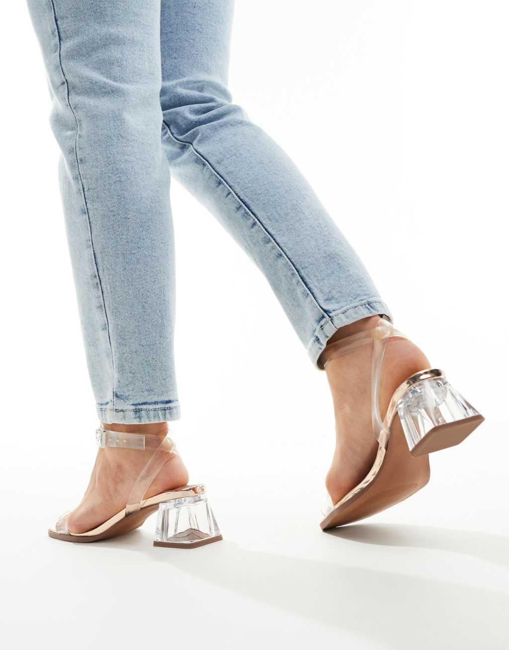 ASOS DESIGN Wide Fit Hopeful block heeled sandals in clear and rose gold Product Image