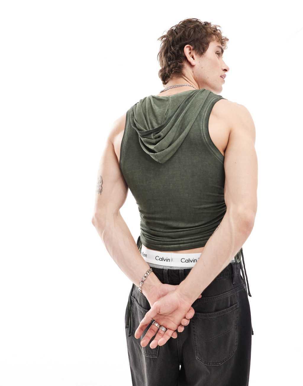 COLLUSION Hooded muscle tank top with tie detail in khaki Product Image