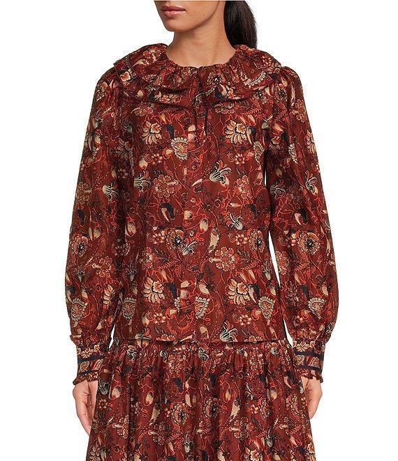 A Loves A Floral Print Woven Ruffled Platter Collar Long Balloon Sleeve Coordinating Button Front Blouse Product Image